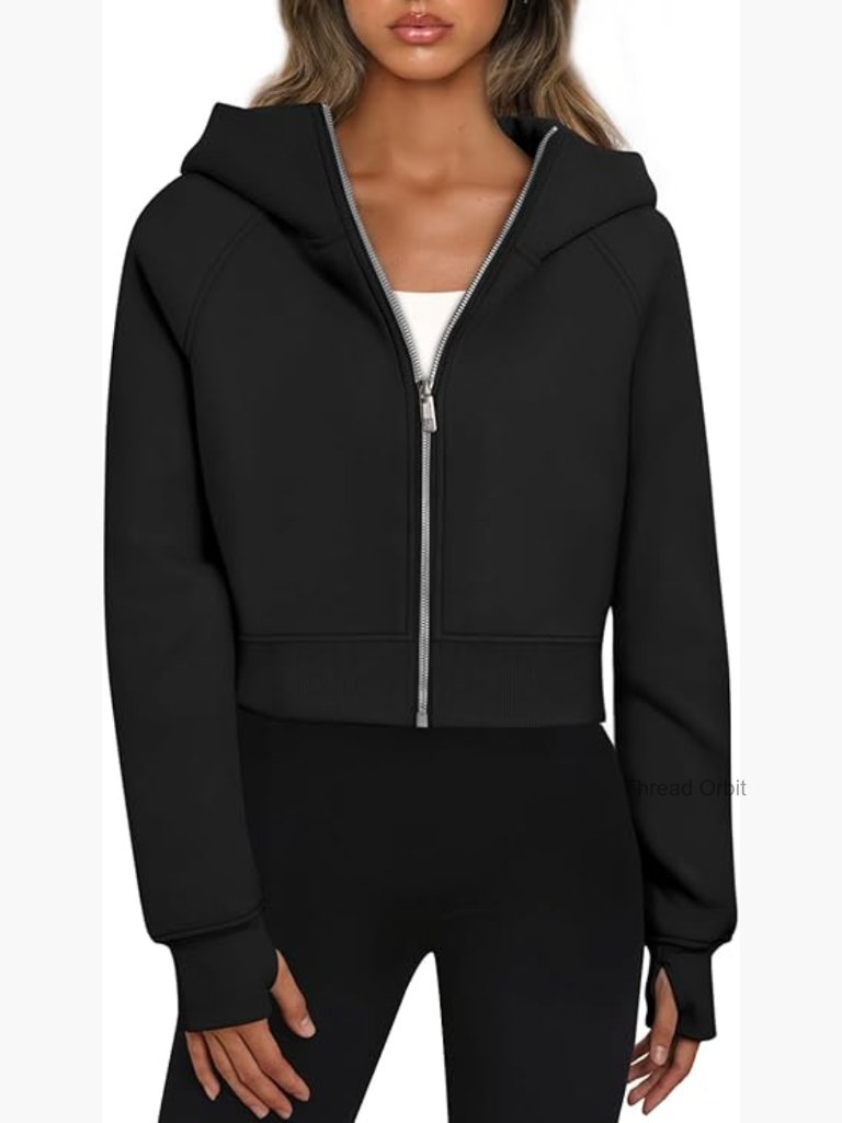 Cropped Zip Hoodie Fleece Sweatshirt Women's Casual Comfy Winter Top